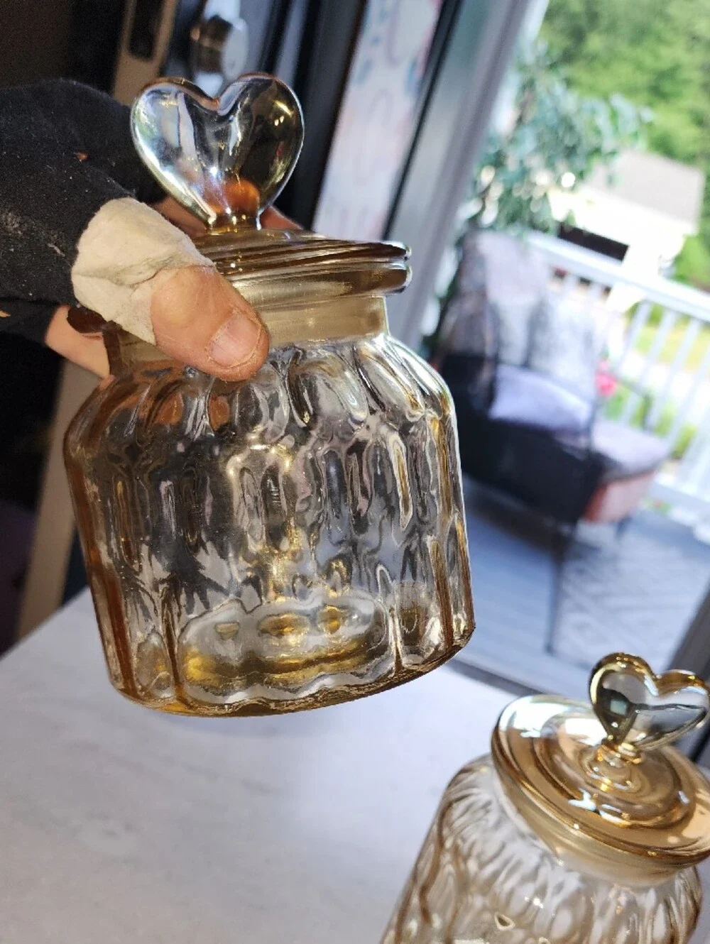 Set Of 3 Glass Heart-Top Canister Set - Amber & Clear. I Have 2 Complete Set!